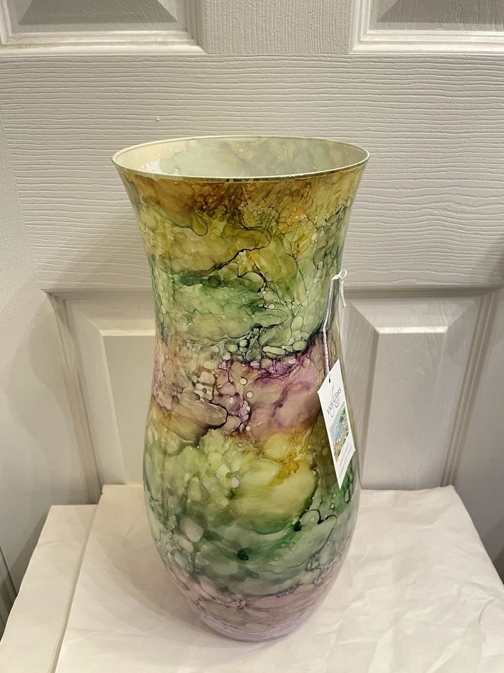 Hermoso florero pintado de vidrio Vidi Art italiano Nápoles Italia 14" nuevo Foto 4 de 4