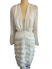 FTF White Crochet Long Sleeve Fringe Mini Tie Back Dance Dress Go-go  Size XL