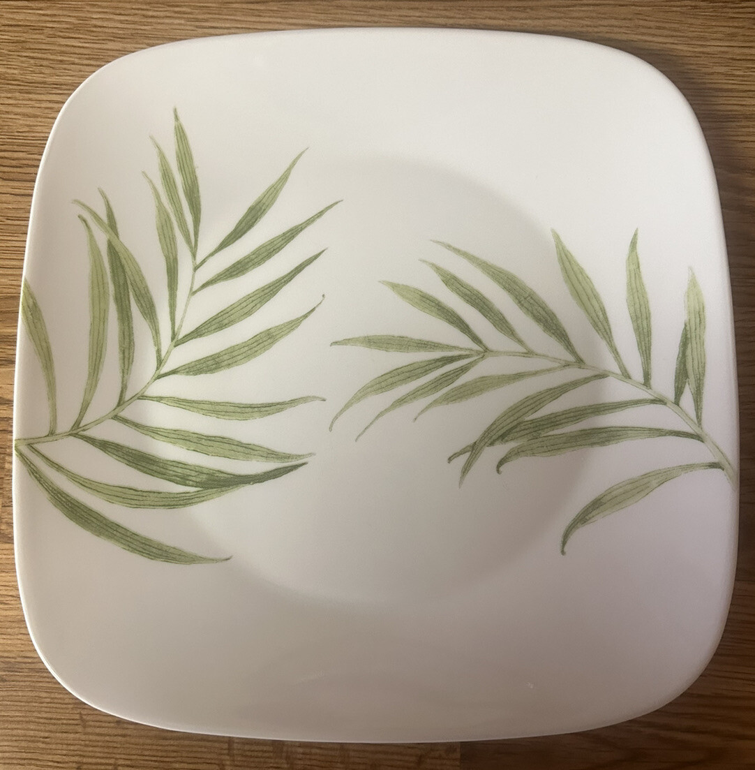 Corelle Bamboo Leaf Dinner Plates Square 10.5 inches, White and Green