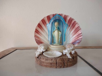 Vintage Virgin Mary Shell Art Cork Wood