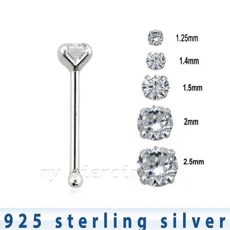 5pcs. 22G .925 Sterling Silver Prong Set CZ Nose Bone Nose Stud Ring - Image 2 of 3