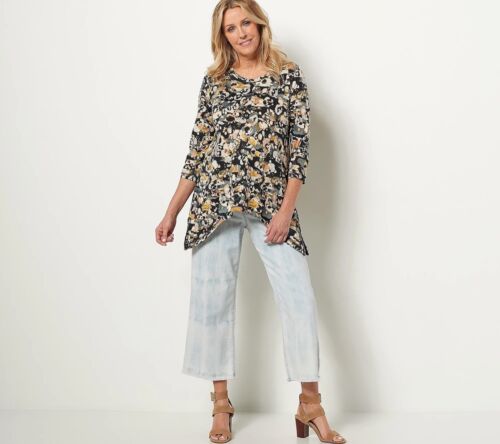 LOGO by Lori Goldstein Printed Cotton Modal Top w/ Sharkbite Hem Size XXS *NEW* - Picture 4 of 7