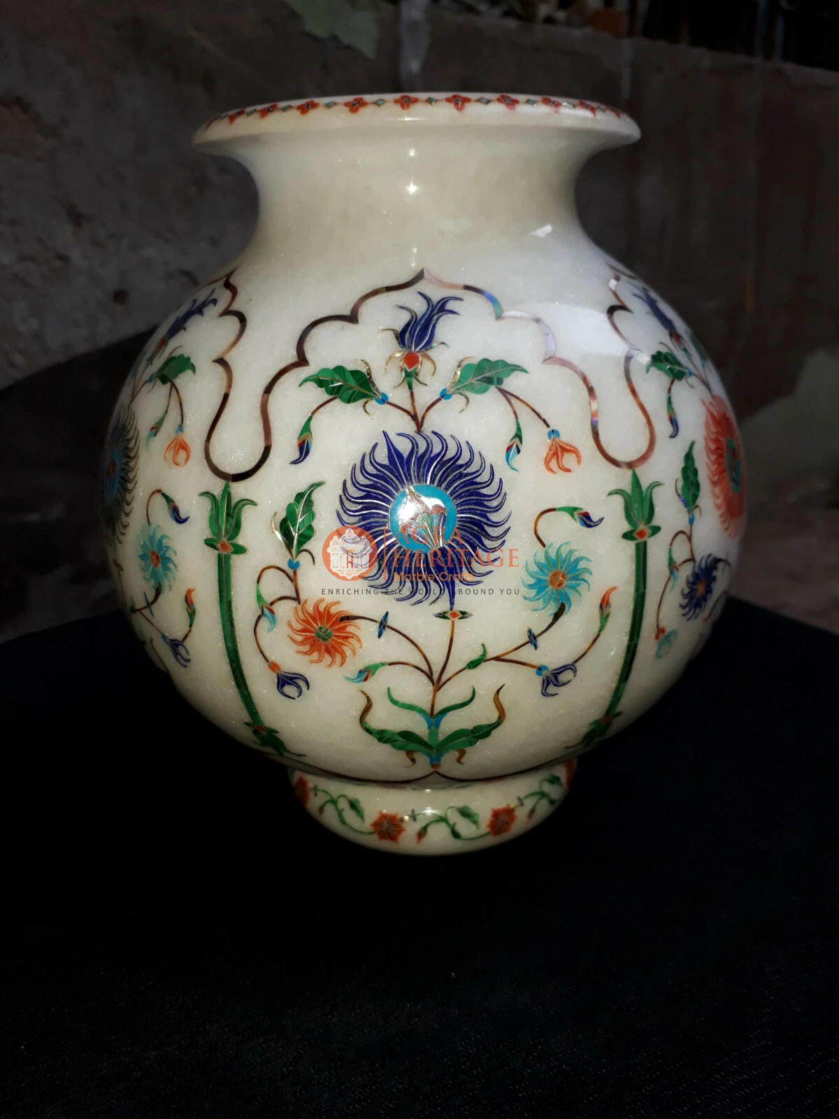 Decorative White Marble Handmade Flower Vase Multi Gems Floral Inlaid Art Decors