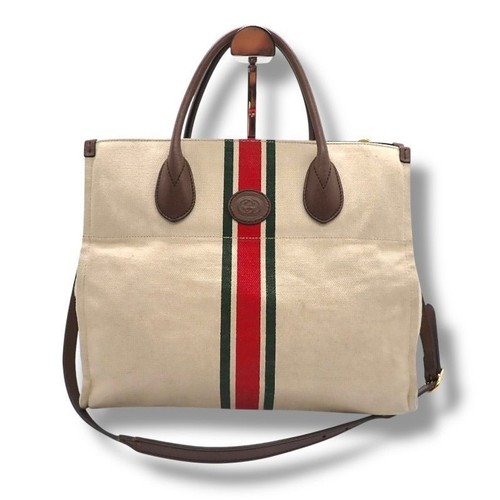 GUCCI Foldable 2WAY Tote Bag Handbag Shoulder Bag Sherry Line Techno Canvas Leat