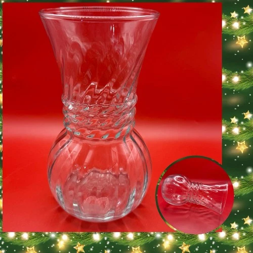 Vintage MCM Anchor Hocking Ribbed Clear Glass Vase - Bulbous Shape 6.25” Tall