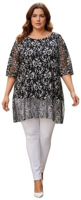 Glitzernde silber schwarz Netz Spitze Baggy Tunika Top Engelsärmel Einheitsgröße Damen
