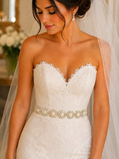 White Satin Bridal Sash Belt, Pearl Rhinestone Circle Medallions, Silver
