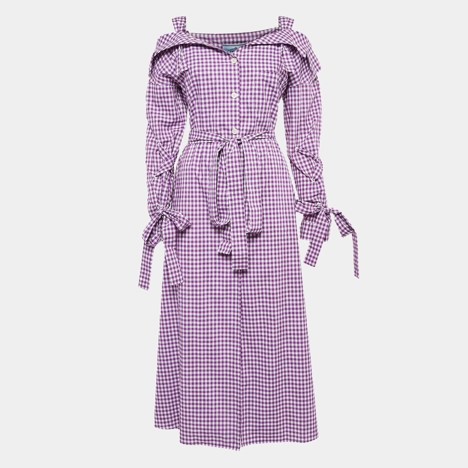 Prada Purple Gingham Cotton Bow Detail Belted Midi Dress M