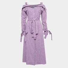 Prada Purple Gingham Cotton Bow Detail Belted Midi Dress M