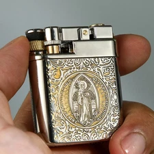 Retro Slide Slip Grinding Wheel Windproof Kerosene Lighter Engraved White Brass