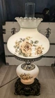 MCM 70s Gone W/The Wind Hurricane Parlor Lamp Milk Glass 3-Way Yellow Rose 22"
