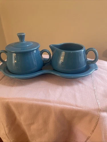 VTG Fiestaware Peacock Blue 4 Piece Cream and Sugar Set with TrayNew Old Stock