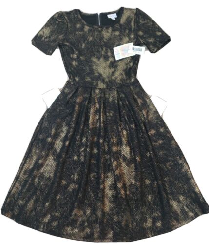 LULAROE ~Woman Size XS~ Black/Gold Short Sleeve FIT & FLARE "Amelia" Dress NWT.