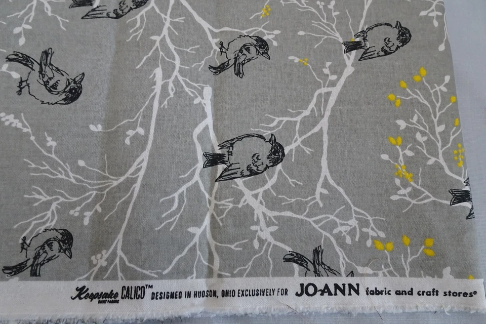 Keepsake Calico Cotton Fabric 29" x 44"w Gray Birds on White Branches w Yellow - Image 2 of 4