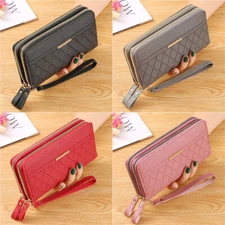 Large Capacity PU Leather Wallets for Ladies with Wristlet Dual Zipper Billfold