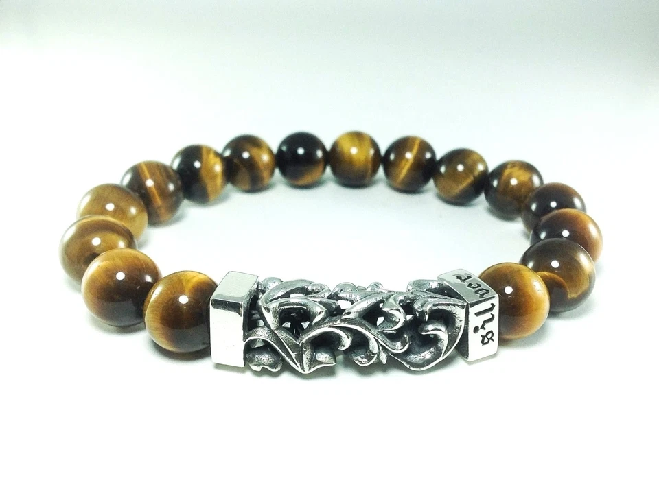 PULSERA DE CUENTAS OJO DE TIGRE PARA HOMBRE PLATA ESTERLINA SÓLIDA 925 INTRINCADO ENCANTO DE FILIGRANA Foto 2 de 3