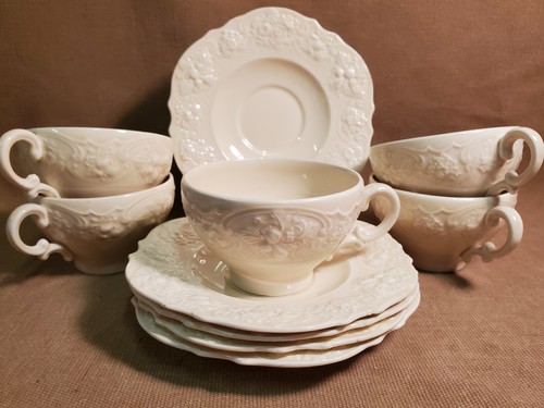 Vtg Crown Ducal - Pattern 4493 - 5 Cups & Saucers-Cream, Embossed. Scalloped EUC - Picture 4 of 7