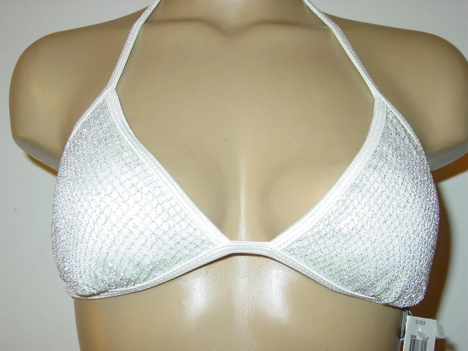 Guess White 银色网眼覆盖 2 件泳装比基尼弦上衣-M/L-全新带标签-96.00 美元 — 第 2/4 张图片