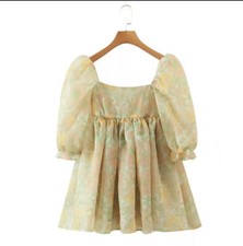 Yellow Floral Print Organza Summer Mini Dress