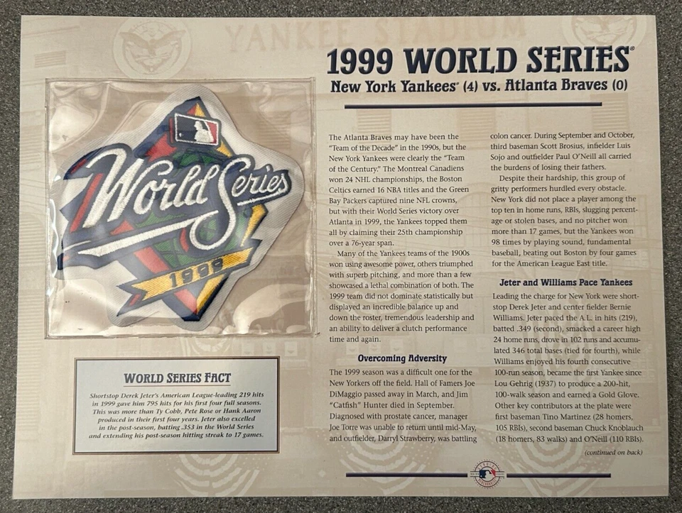 Parche oficial de béisbol MLB serie mundial de los Yankees de Nueva York 1999 Willabee Ward Foto 2 de 4
