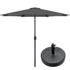 9FT Gray Outdoor Umbrella with Push Button Tilt & Crank & 50lbs Base Stand