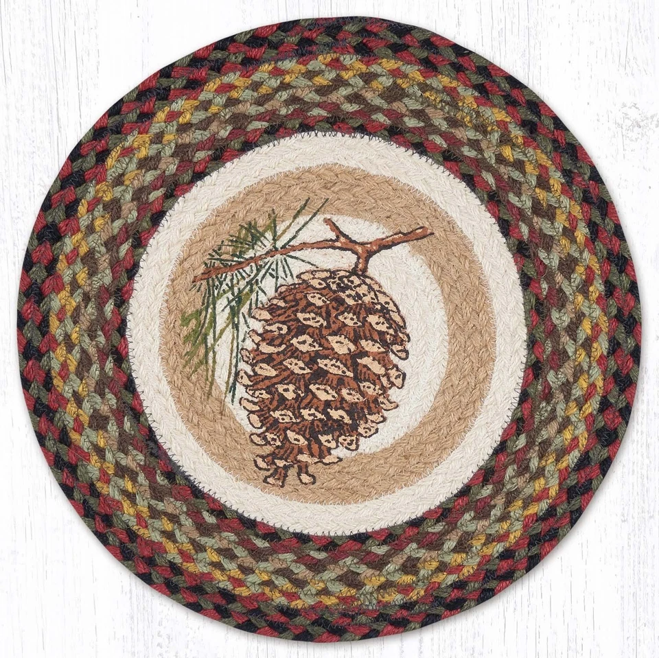 CAPITOL EARTH RUGS Pine Cone Pinecone 15.5" Braided Jute Chair Pad, Earth Rugs, Rustic Cabin