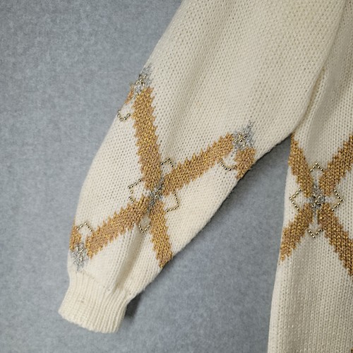 Jaclyn Smith Sweater Women Large Ivory Metallic Gold Beaded V-neck Button Up - Picture 4 of 14