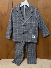 Toddler 2pcs Young Boy Plaid Casual Button Jacket And Pants Set Gray 5Y