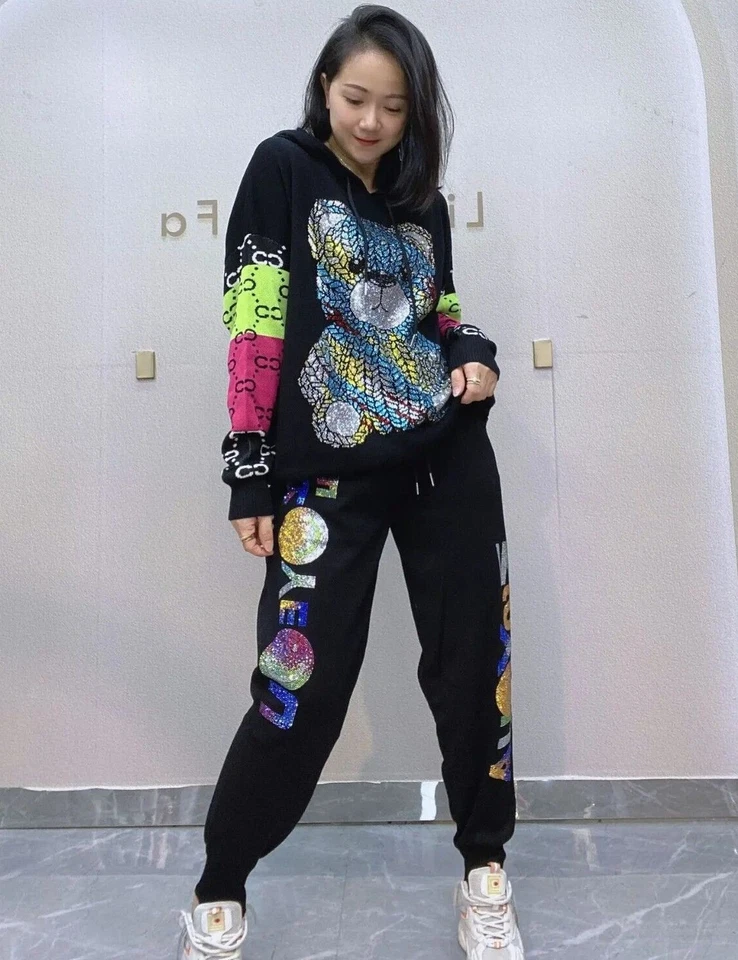 Nuevo conjunto de 2 piezas de chándal negro con diamantes de imitación de lujo para mujer Foto 2 de 4