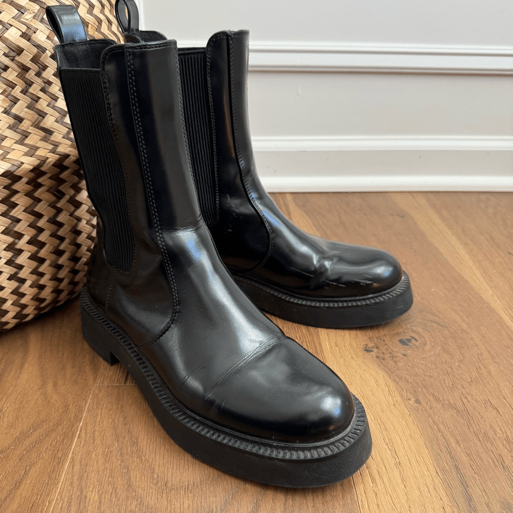 Zara Faux Patent Leather Chelsea Boots Black Block Heel 38  display picture 1