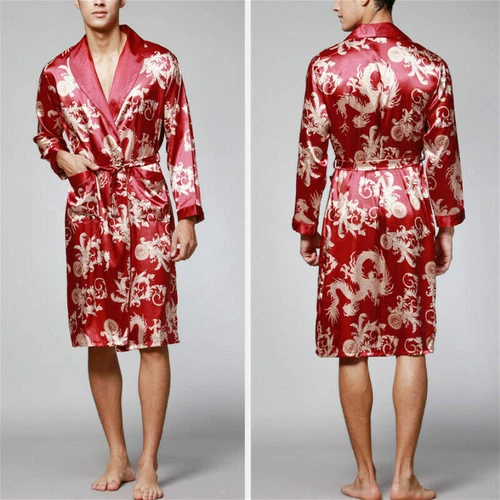 Men Satin Pajamas Robe Dragon Bathrobe Dress Gown Kimono Night Loungewear - Bild 3 von 20