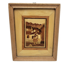 Vintage Marquetry Wood Inlay Framed Wall Art Hanging Handmade In Bolivia 5.5"