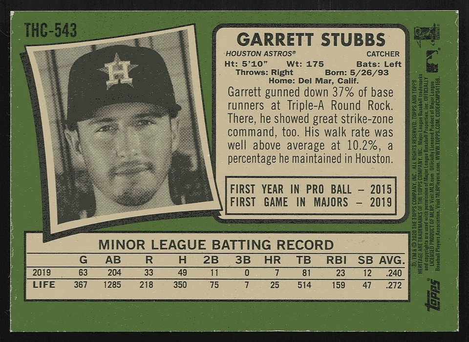 2020 Topps Heritage #THC-543 Garrett Stubbs Chrome Purple Refractor - Image 2 of 2