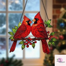 Red cardinal pair acrylic suncatcher, holiday bird window decoration