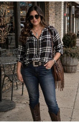 Miss Lili Plaid Zip Front Blouse Women s 2X Stylish Black and White Top