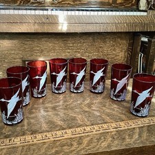 Anchor Hocking Royal Ruby Red Glass Crane Heron Bird Tumbler Set of 8 MCM