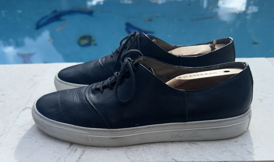 Del Toro Blue Leather Rubber Sole Lace Up Low Top Sneakers Sz 9 Made In Italy