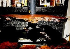 Live Edge Red Wood lace burl coffee table w/ Rustic Root Base,  61/30in