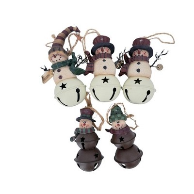 Snowman Christmas Tree Ornaments Jingle Bell Rustic Holiday Decor Set of 5