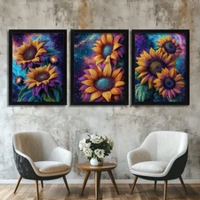Colourful Sunflower Wall Art Set of 3 Floral Prints Galaxy Flower Artwork Print