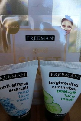 FREEMAN BEAUTY BUNDLE, GOLD SHEET MASK, CUCUMBER PEEL OFF & ANTI STRESS SEA SALT