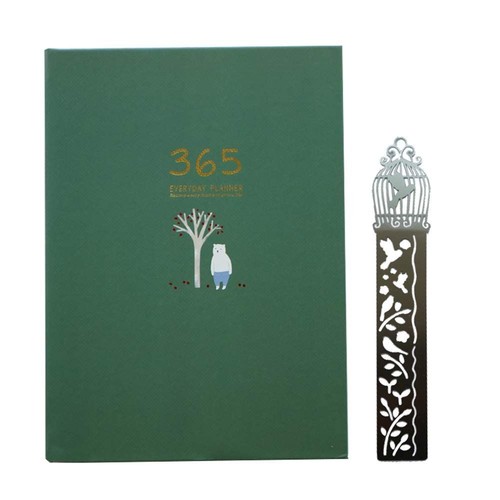 Green 365-Day Diary Notebook Schedule Calendar Metal Ruler Bookmark Used