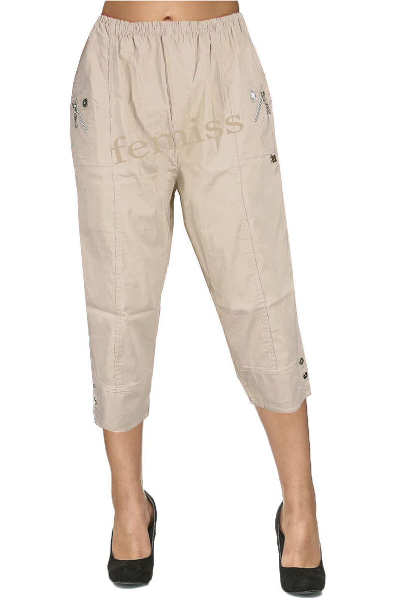 Womens Capri Trouser Ladies Three Quarter Elasticated Cropped 3/4 Summer  Pants