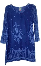 JOHNNY WAS Blue Embroidered Semi-Sheer Long Sleeve Cupra Rayon Tunic Dress LARGE