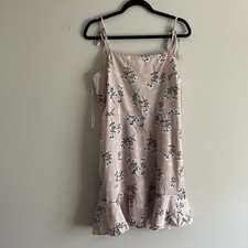 Express Women L Pink Floral Satin Tie Straps Square Neck Ruffle Sundress NWT