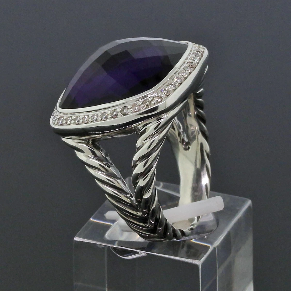 David Yurman 17mm Amethyst Albion Ring Size 6.75 w Diamonds 925