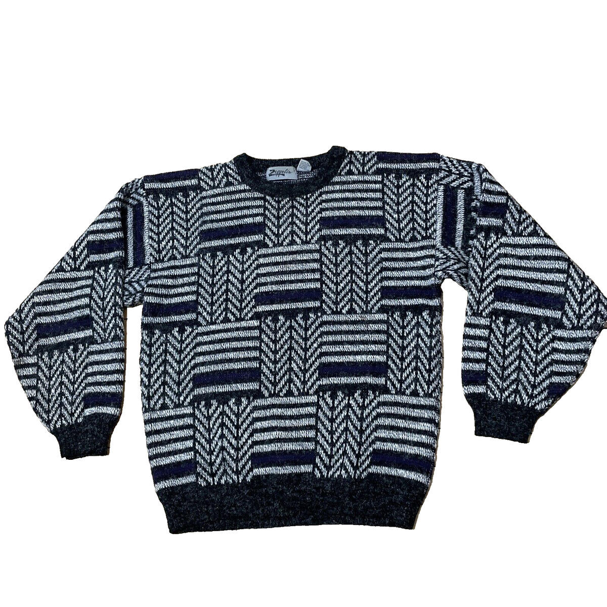 ZEPPELIN Sweater Men L Vintage 80s 90s Chevron Silver Chunky ZEPPELIN Sweater Men L Vintage 80s 90s Chevron Silver Chunky