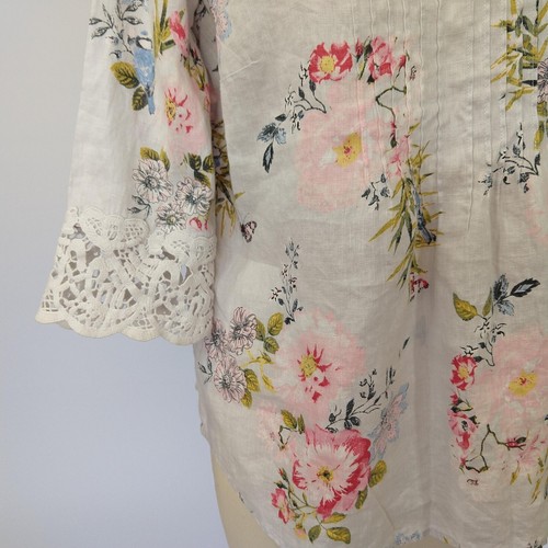 J Jill Love Linen Floral Top Size PS Gray Lace Lagenlook Pleated Blouse Petite - Picture 6 of 9