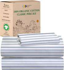 Organic Cotton Blue Stripe Twin Sheet Set with Deep Pockets Pillowcases
