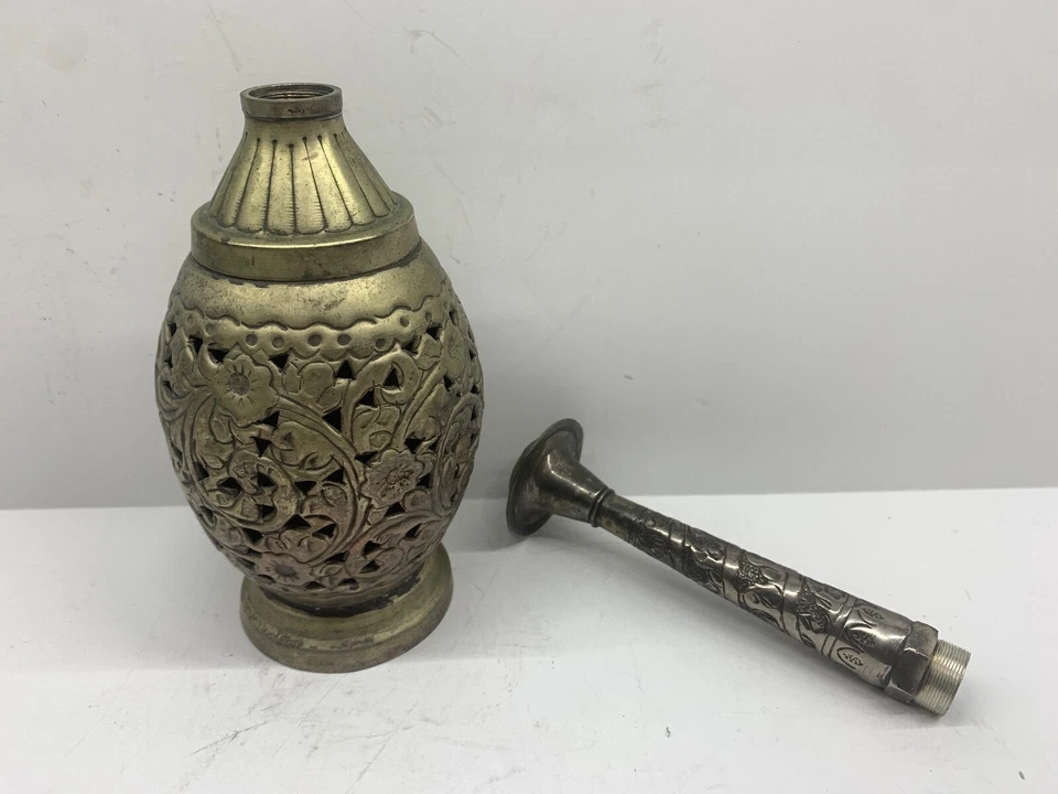 Османское серебро/латунь СВЯТАЯ ВОДА/РОЗОВАЯ ВОДА РАЗБРЫЗГИВАТЕЛЬ 19-го века цветочный Пакистан - Изображение 2 из 4